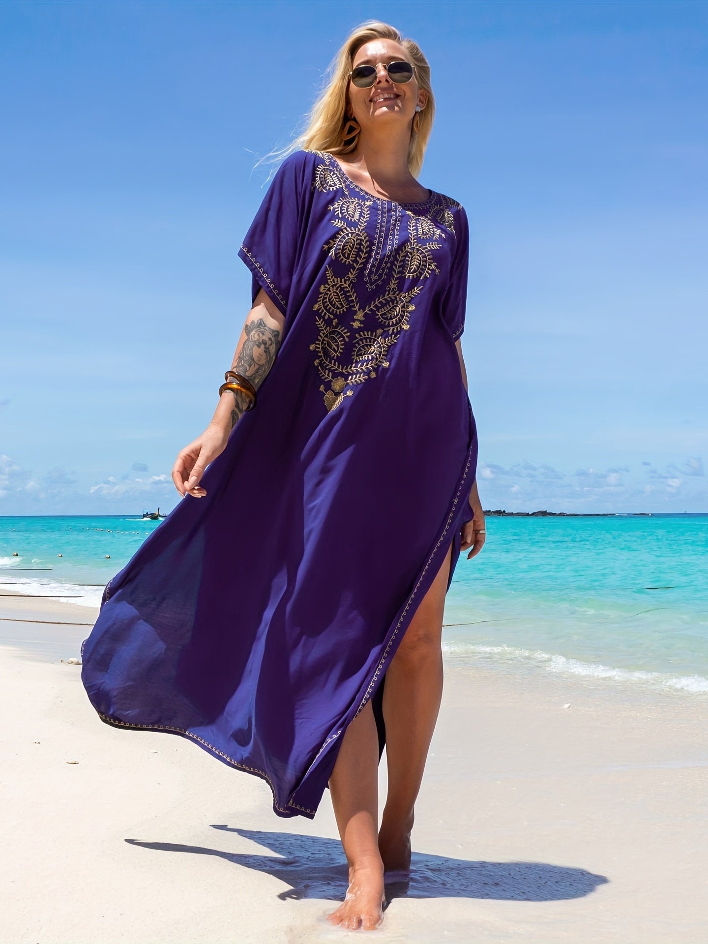 Boho Kaftan Dress Women's Plus Tribal Embroidered Batwing Sleeve