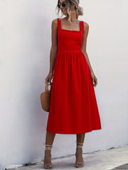 Women Solid Midi Long Dress Backless Slip Square Collar Ruched Party