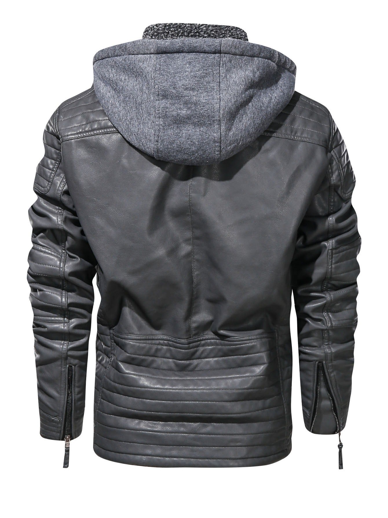 Men's Zipper Hoodie Autumn Winter Solid PU Faux Leather Jacket