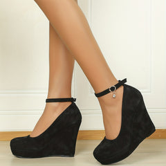 Women's Stylish Wedge Heel Shoes Buckle Strap Platform Heels Suede Party Pumps