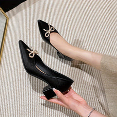 Women's Mid Heel Pearl Bow Slip-On Pumps Work Heels