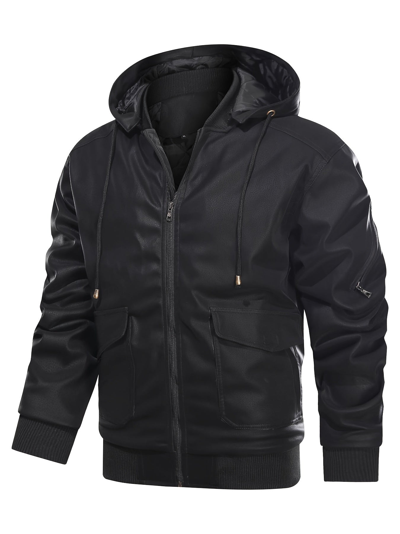 Men's Faux Leather Motorcycle Jacket Stand Collar with Hood