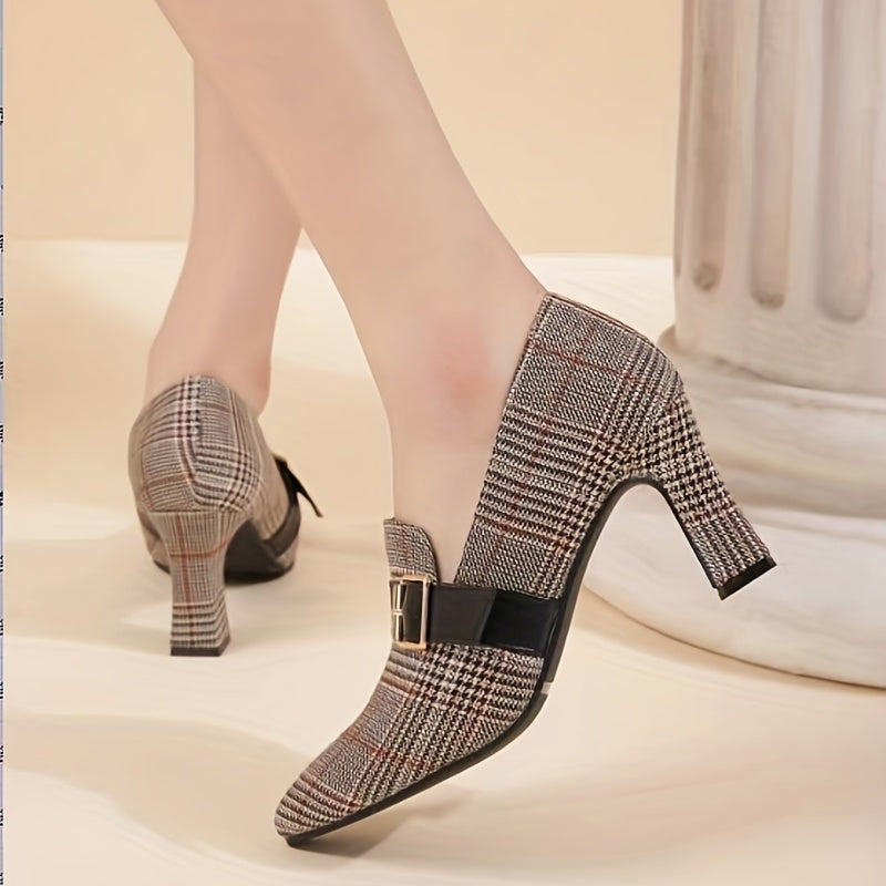 Women's Plaid Court Pumps Buckle Strap High Heels