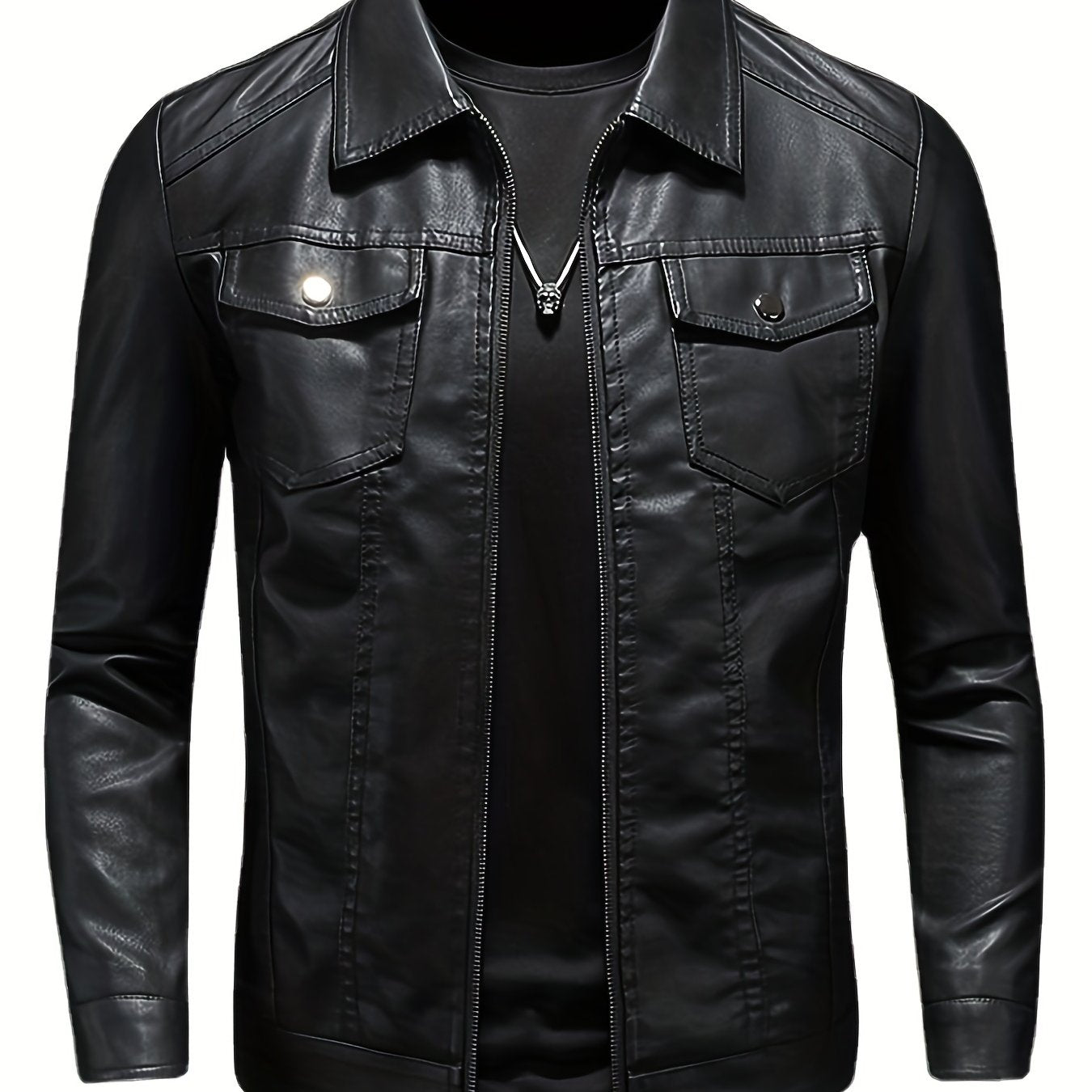 PU Biker Jacket Men's Zip Up Faux Leather Spring Fall