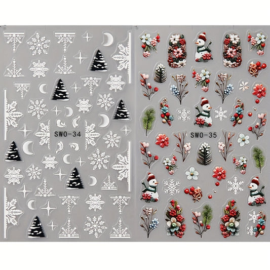 2pcs Christmas Nail Art Stickers 3D Snowman Snowflake Self Adhesive