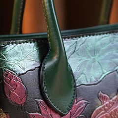 Hand Painted Koi Fish & Lotus Tote Bag - Large Capacity