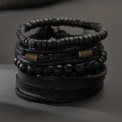 Men's Wooden Beaded Braided Leather Bracelet Set