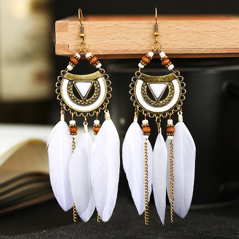 Boho Feather Rice Beads Earrings for Women