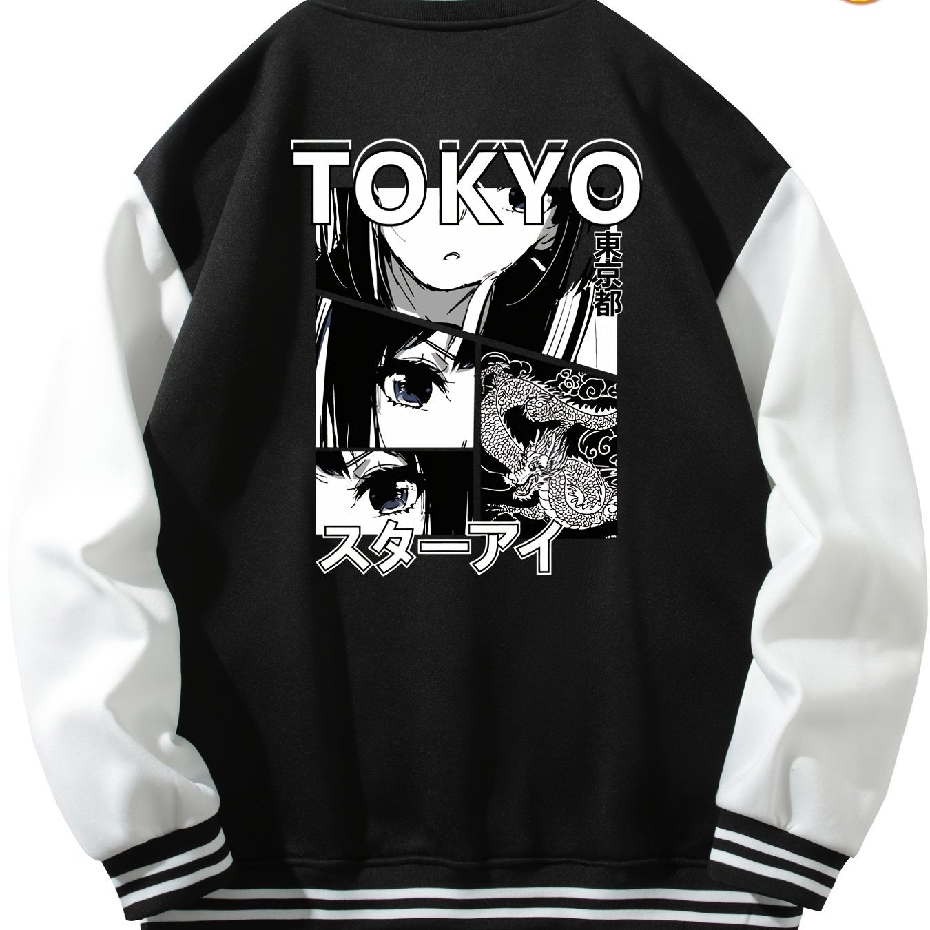 Anime Portrait Embroidery Varsity Jacket Men's Casual Block Button Up