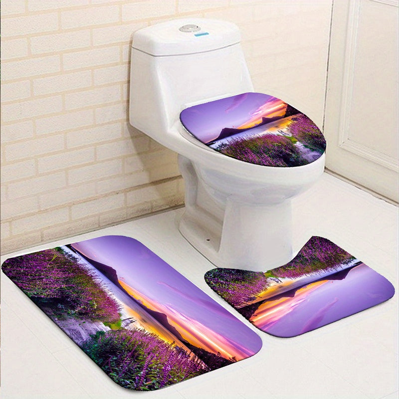 Lavender Shower Curtain Set with Non-Slip Bathroom Rug and 12 Hooks