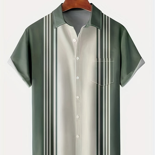 Stripe Print Short Sleeve Hawaiian Shirt Men's Vacation Resort Top