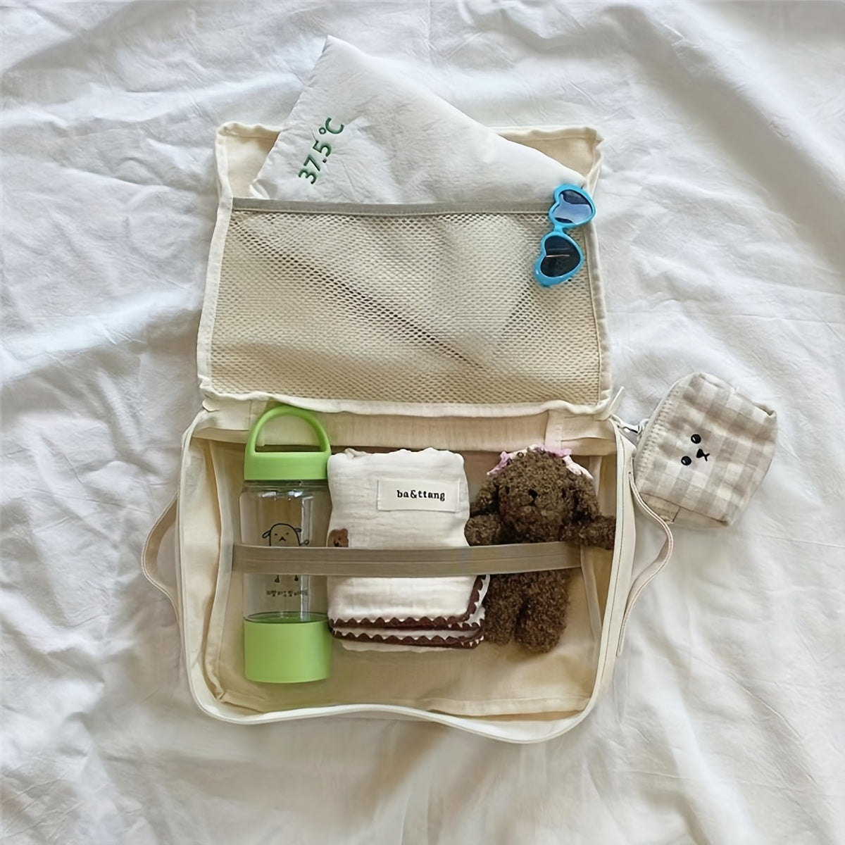 Beige Travel Diaper Bag with Bear Durable Polyester