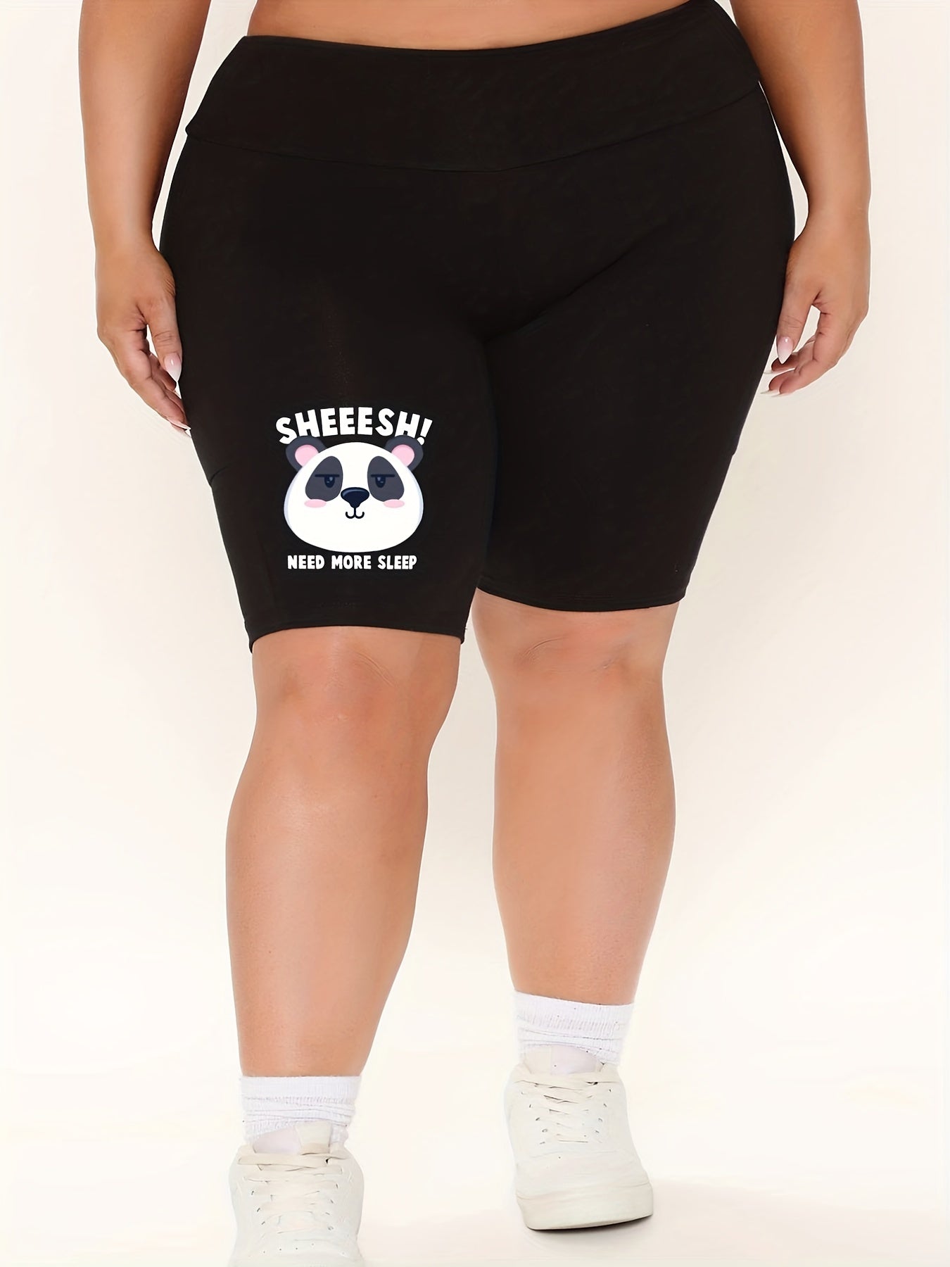Casual Shorts Women's Plus Panda & Letter Print High Rise Biker Shorts