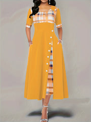 Plaid Print Splicing Dress Casual Crew Neck Short Sleeve Summer Asymmetrical Dre