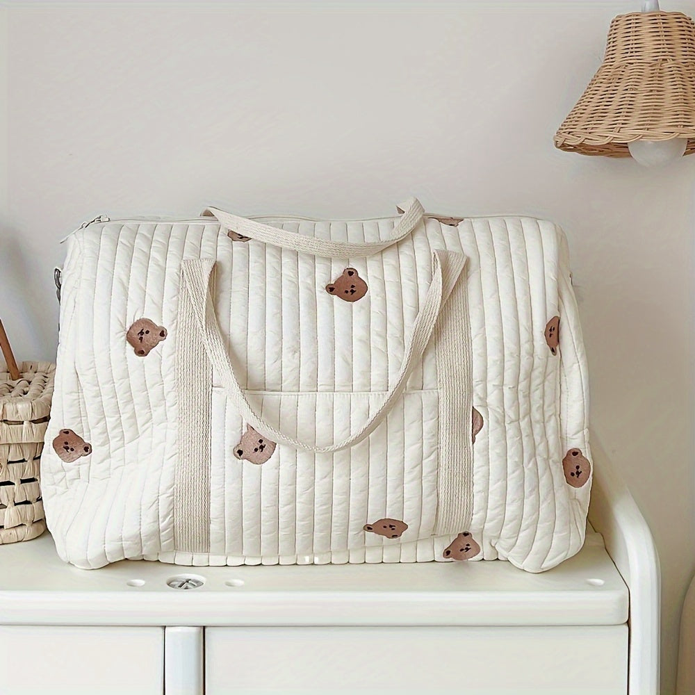 Quilted Diaper Bag with Bear Embroidery Lightweight Travel Tote & Handbag