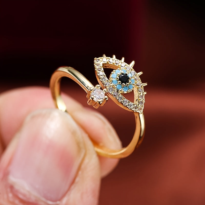 Copper Zircon Enamel Dripping Oil Evil Eye Tail Ring Women's Jewelry