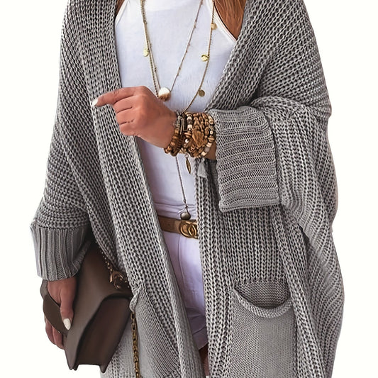 Solid Bat Sleeve Open Front Cardigan With Pockets