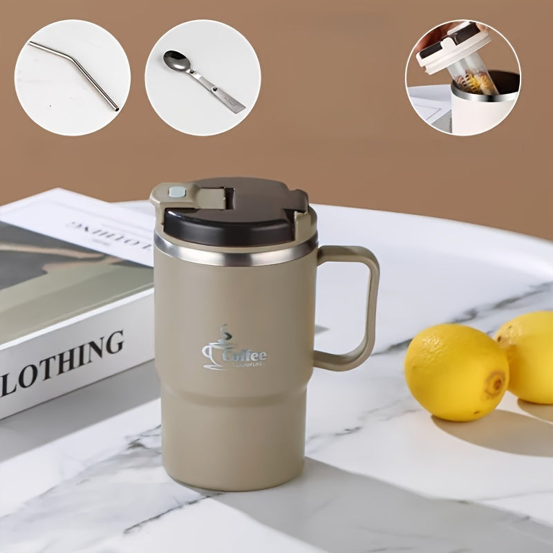 Stainless Steel Insulated Coffee Cup with Lid Spoon Reusable Multifunctional Cup