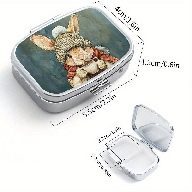 Winter Bunny 2 Compartment Pill Organizer Metal Case