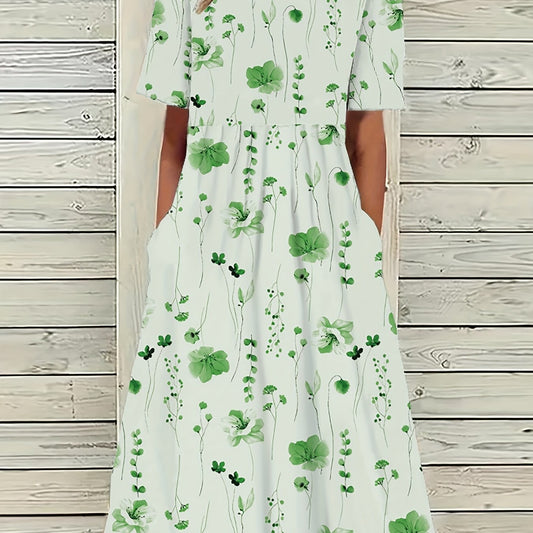Women's Plus Floral Print Short Sleeve Loose Fit Midi Dress
