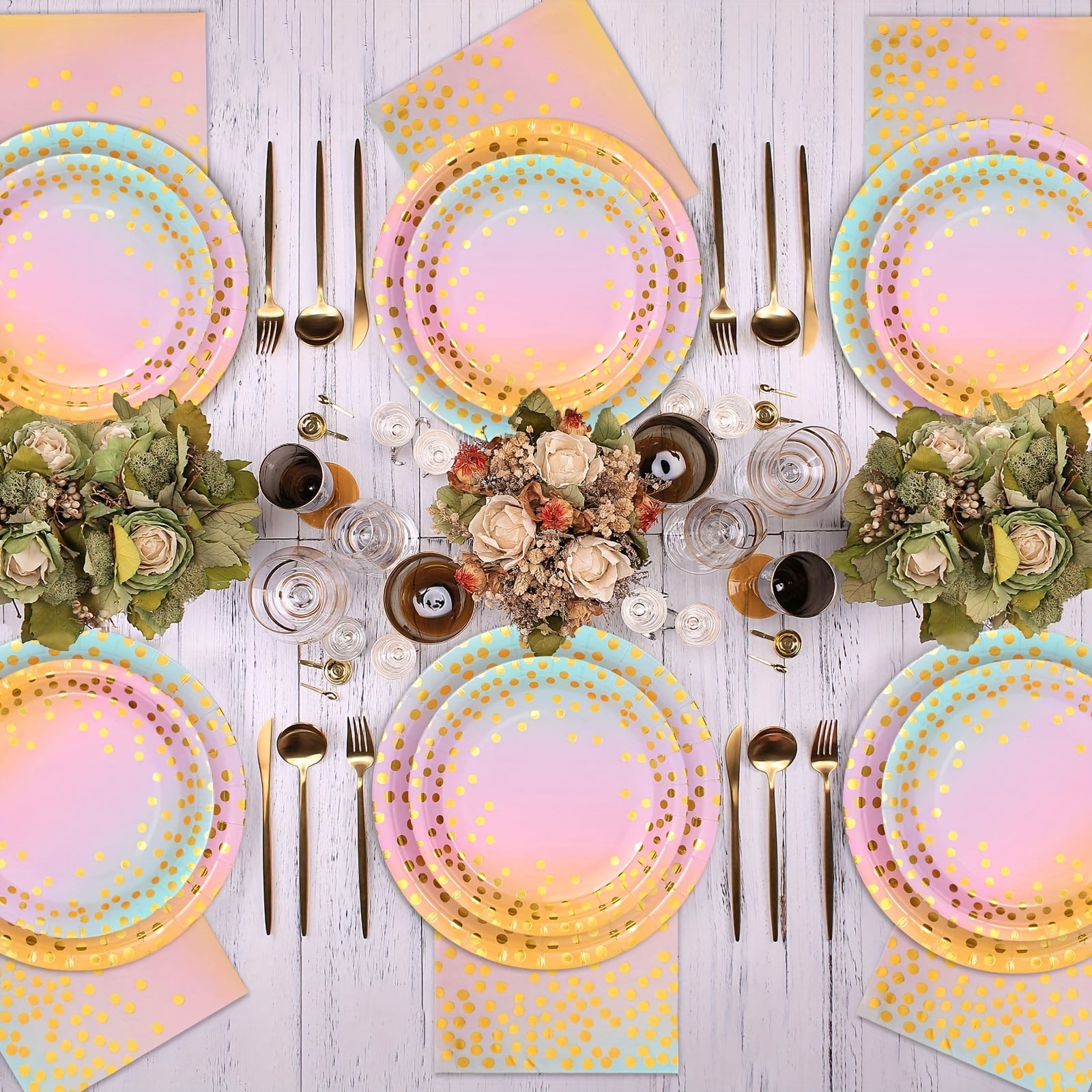 30pcs 10 Guest Party Supplies Disposable Tableware Set Pink Golden Decor