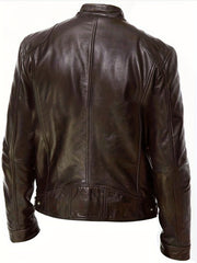 Men's Casual Solid Zip Up Stand Collar Faux Leather Jacket