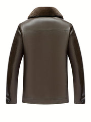 Men's Fleece PU Jacket Solid Zip-Up Fur Collar Faux Leather Fall Winter