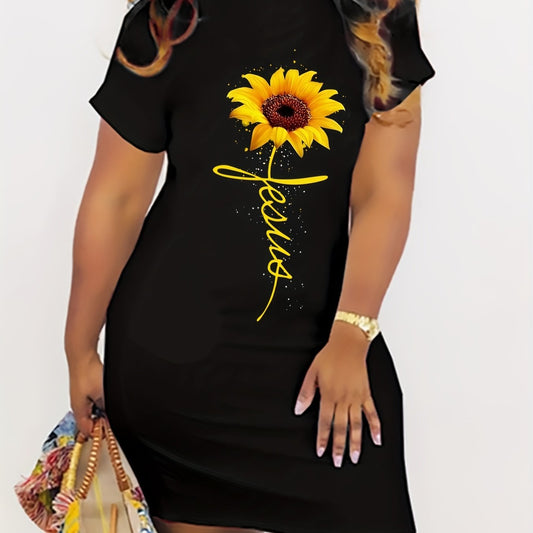 Women's Plus Letter & Sunflower Print Dress Short Sleeve Round Neck High Stretch