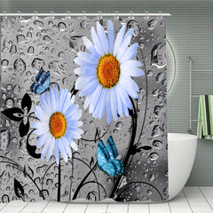Non Slip Bathroom Rugs & Shower Curtain Set with Flower & Butterfly Pattern