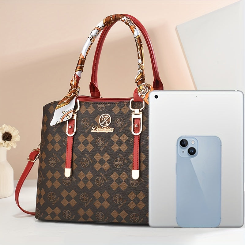 Vintage PU Leather Tote Bag Women Removable Strap Plaid Positioning