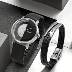 Men's Round Dial Quartz Watch & Letter Detail Bracelet Set