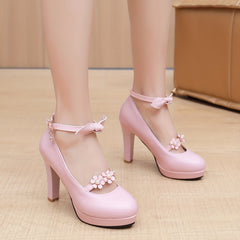 Women's Platform High Heels Flower Faux Pearl Decor Chunky Heels