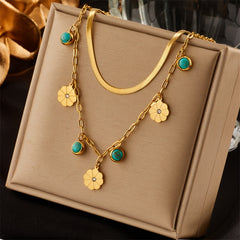 Boho Vintage Stainless Steel Double Chain Necklace with Flower Turquoise Pendant