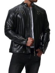 Men's Slim Fit PU Leather Jacket with Stand Collar