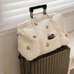 Quilted Diaper Bag with Bear Embroidery Lightweight Travel Tote & Handbag