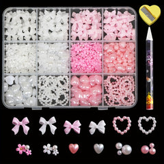 500PCS 3D Nail Art Kit Resin Bows Flat Back Pearls Assorted Shapes DIY Craft