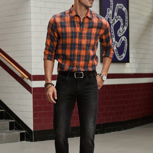 Men's Plaid Lapel Shirt Long Sleeve Casual