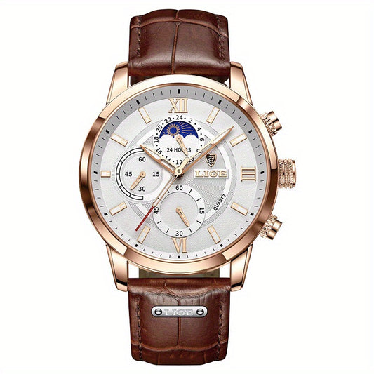 LIGE Men Watches Leather Waterproof Luminous Quartz Wristwatch