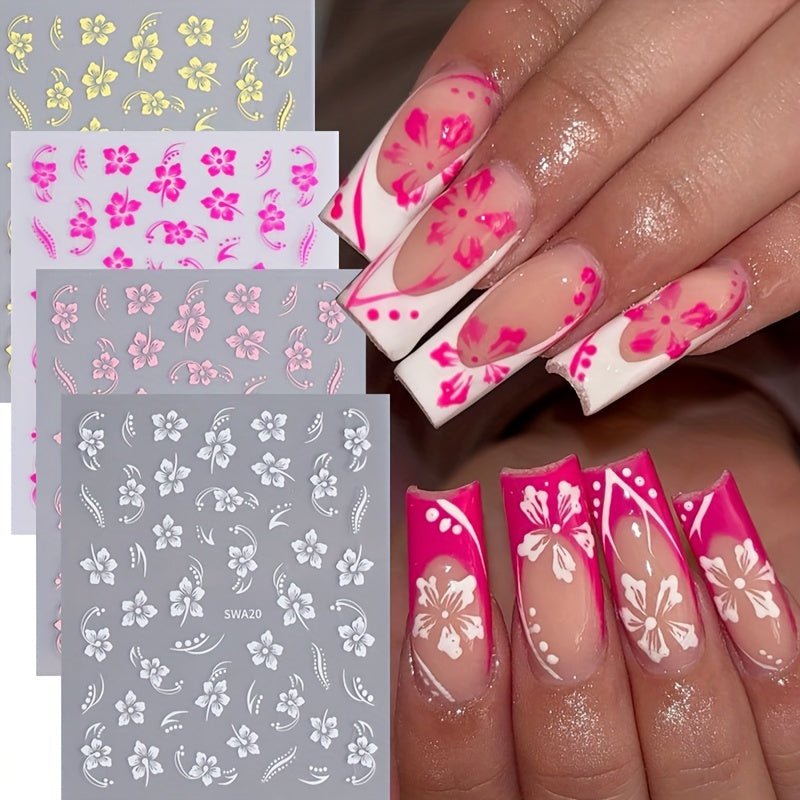 2pcs Hawaiian Floral Nail Art Stickers Pink & Flowers Tropical Leaves & Hibiscus