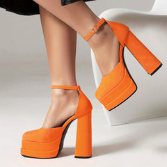 Women's Solid Block Heels Buckle Strap Platform Pumps Dress Heels