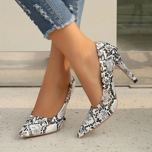 Women's Snakeskin Printed High Heels Pointed Toe Slip On Stiletto Pumps