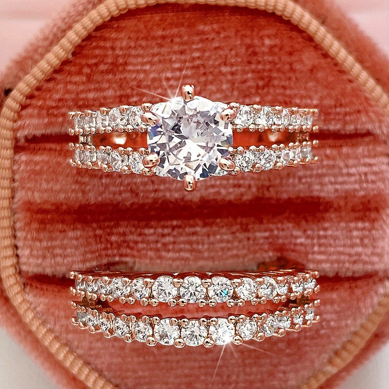 2 Pcs Bridal Wedding Rings 18K Plated 6 Prong Setting Zircon Rings For Women