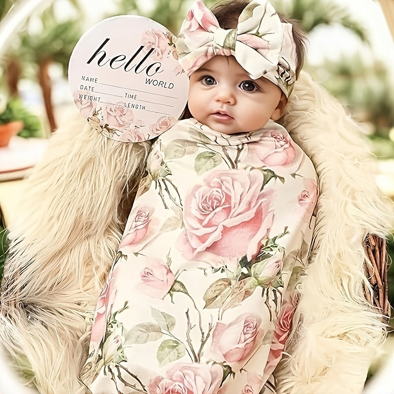 Ultra Soft Floral Swaddle Wrap & Headband Set Pink Roses Knit Girls Flower Kids
