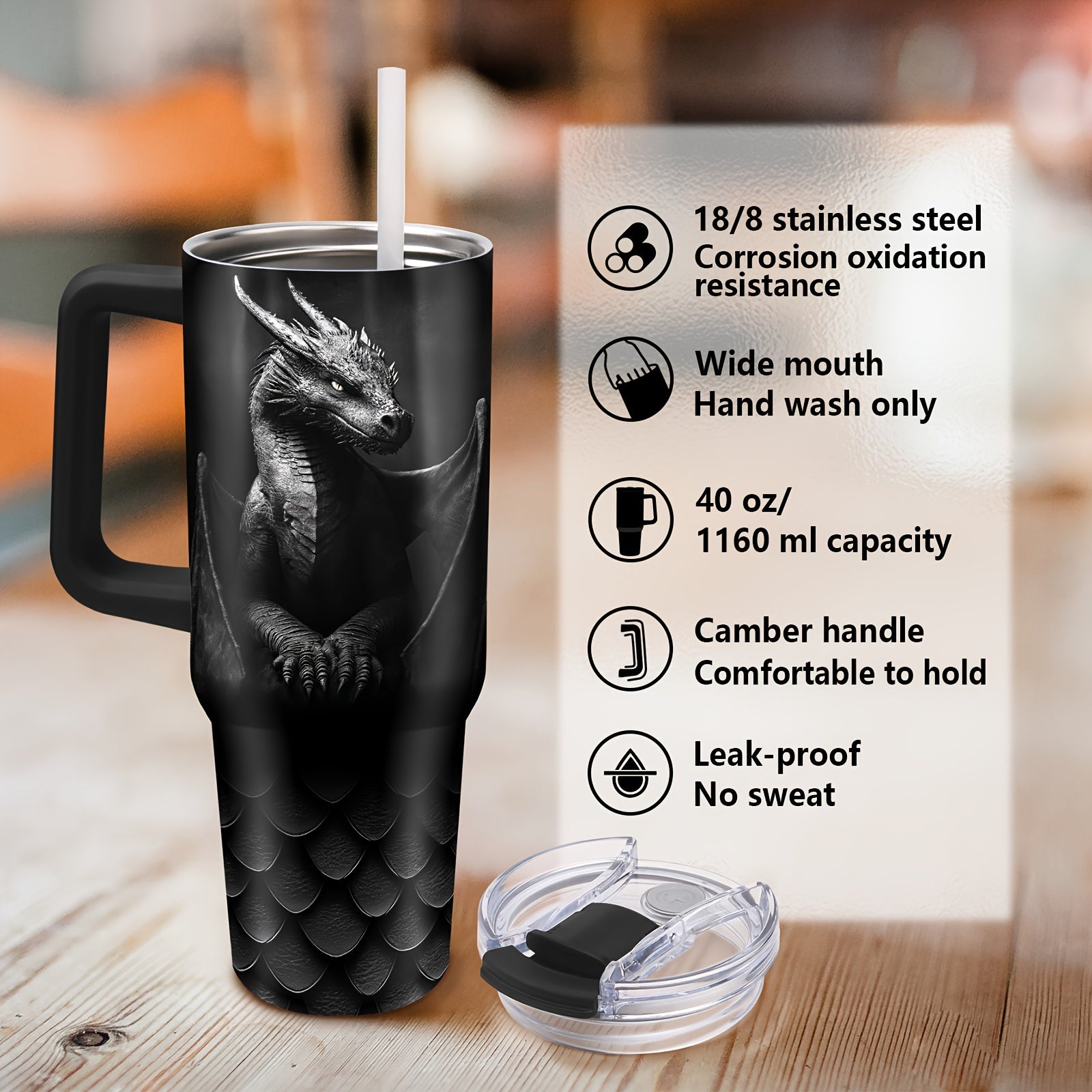 40oz Stainless Steel Dragon Tumbler Insulated Travel Mug with Lid and Handle
