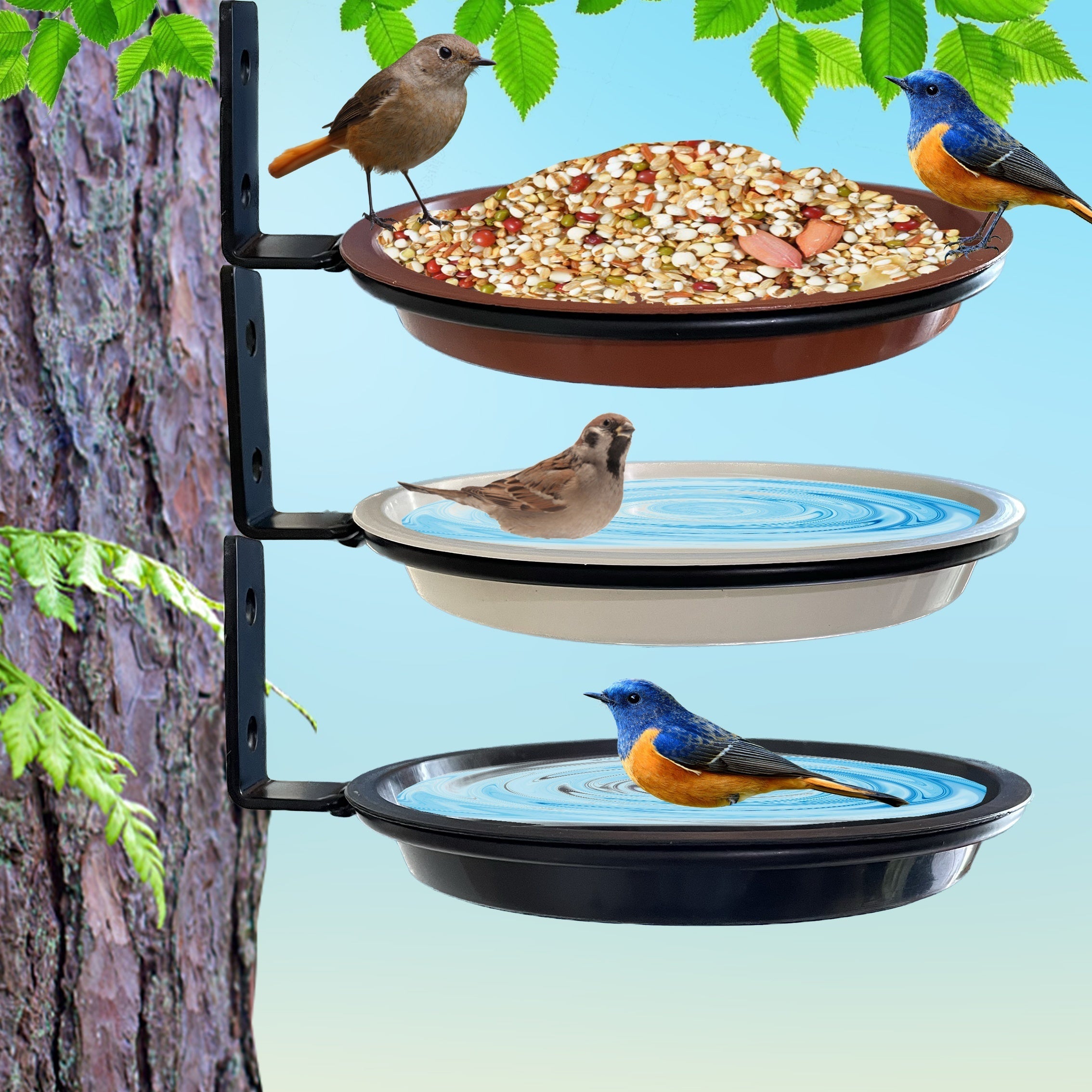 Outdoor Garden Bird Feeder Tray Tree Mounted Bird Bath Bowl for Wild Birds