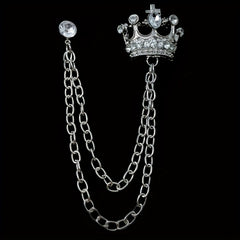 Men's Crown Brooch Rhinestone Tassel Chain Pin For Suit Shirt Backpacks Jackets