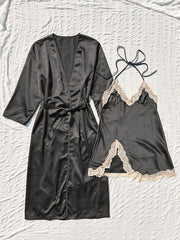 2pcs Satin Robe & Cami Dress Set with Lace Trim