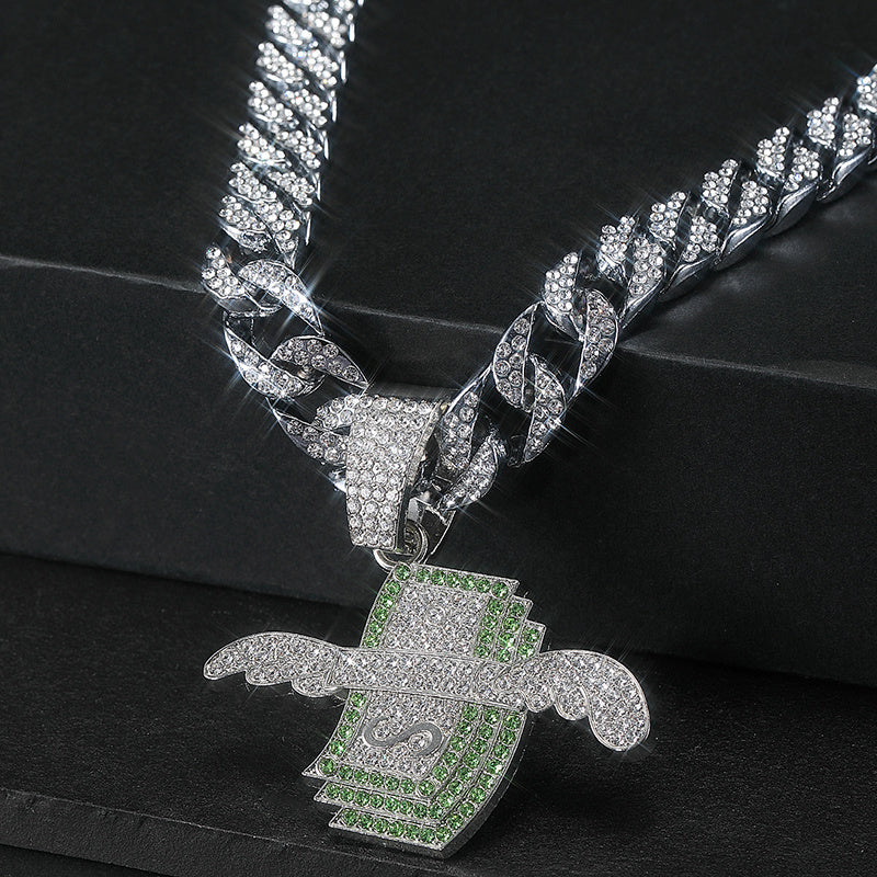 Wings Dollar Pendant Set Rhinestone Necklace