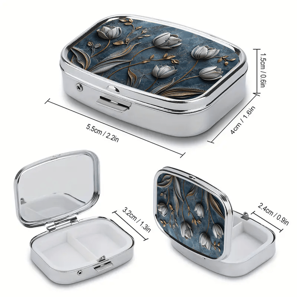 Floral 2D Relief Iron Pill Box 3 Compartment Portable Medication Organizer