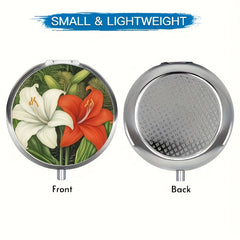 Metal Lily Flower Pattern Medicine Box 3 Compartments Travel Vitamin Storage